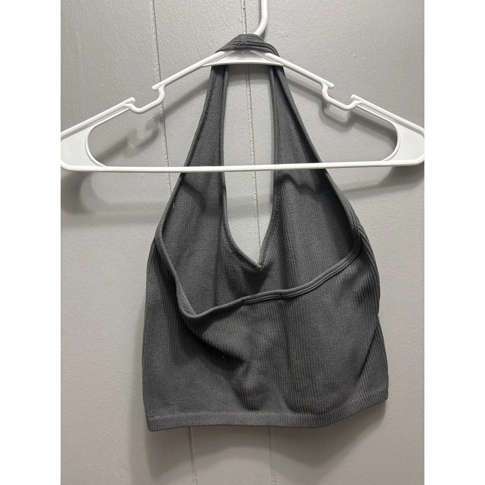 Aster Ribbed Halter Top Charcoal Gray V-Neck Cropped Knit Camisole  M/L